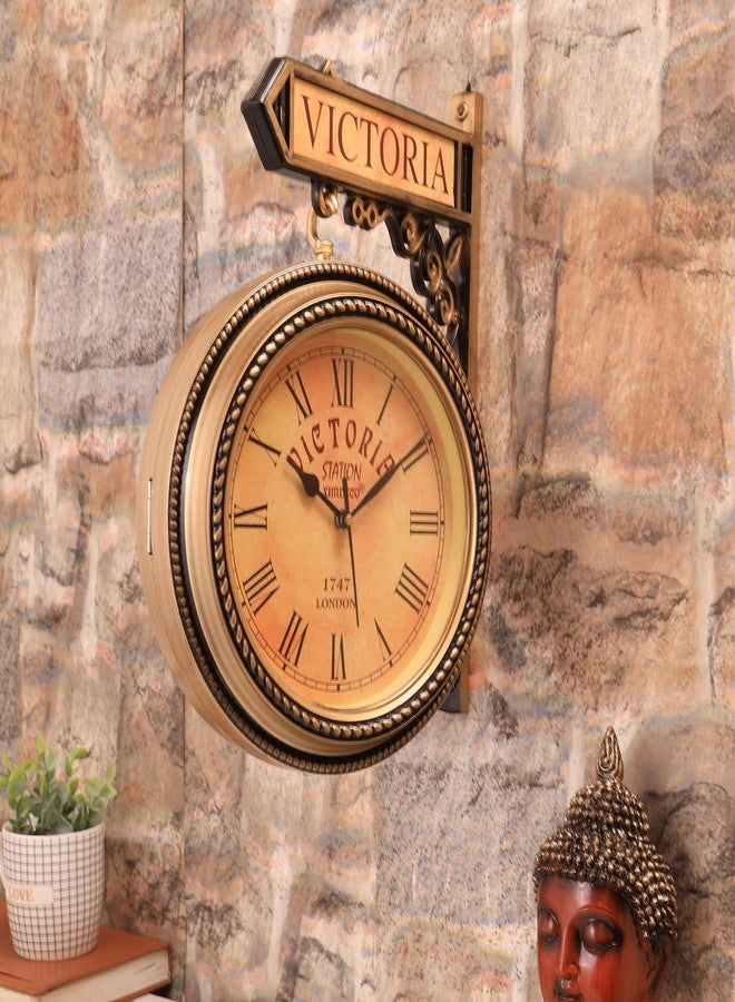Ximdeco Golden Plastic Wooden Pattern Replica Dual Side Victoria Station Analog Wall Clock Hanging Style Platform Railway Clock Home Decor (Golden) (Length 33 cm, Width 10 cm) - Image 1
